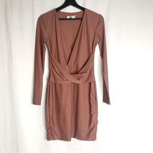 Bodycon dress TIGER MIST Over & Under Minidress Brown Long Sleeve dress size